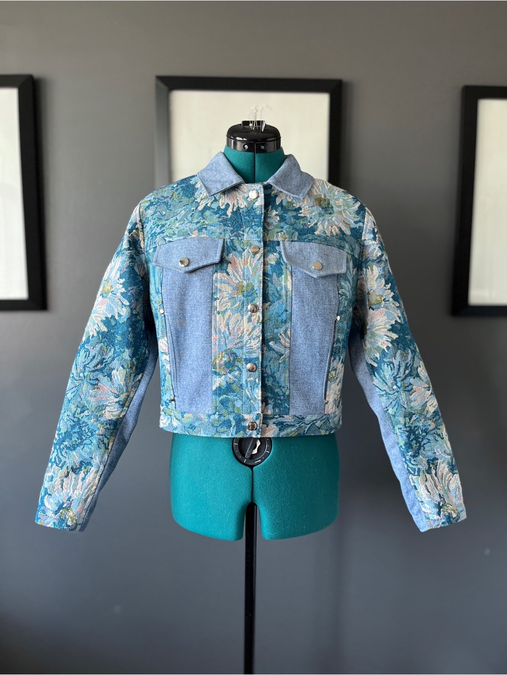 Blue floral jean jacket, handcrafted secondhand upholstery fabric, ladies XS S